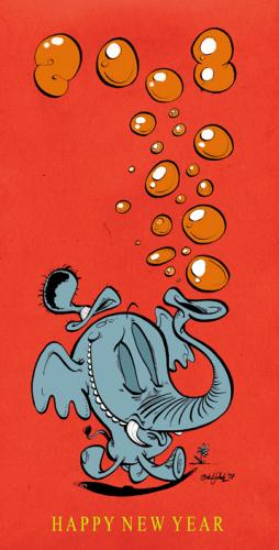 Cartoon: Happy new Year 2008 (medium) by Dirk ESchulz tagged dirk,erik,schulz,,verrücktheit,exzentrik,bizarr,schrullig,sonderbar,spleen,andersartig,anders,abweichend,sozialer mittelpunkt,gesellschaft,ausschluss,toleranz,individuum,skurrilität,gesellschaftsfähig,verschroben,absonderlich,kautzig,eigenwillig,illustration,postkarte,silvester,neujahr,grußkarte,rakete,feuerwerk,seifenblase,elefant,sozialer,mittelpunkt,vorsatz,neuanfang,beginn,happy new year,happy,new,year