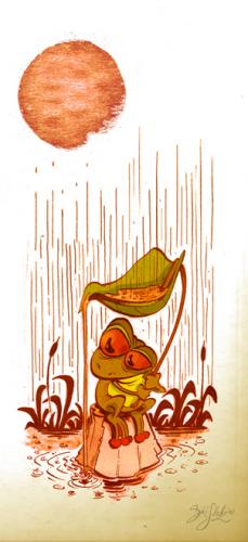 Cartoon: Red Eye Frog in the Rain (medium) by Dirk ESchulz tagged dirk,verrücktheit,rotaugenfrosch,regenwald,frosch,amphibie,froschlurch,regenfall,trauer,einsamkeit,teich,kaulquappe,morphose,metamorphose,exzentrik,bizarr,schrullig,sonderbar,spleen,andersartig,anders,abweichend,skurrilitätverschroben,absonderlich,kautzig,eigenwillig,skurril,surreal,illustration
