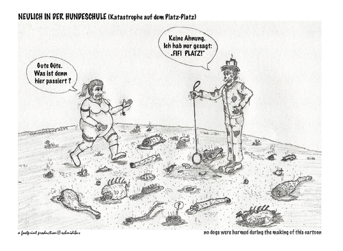 Cartoon: fifi platz! (medium) by schmidibus tagged ende,finito,tot,explosion,kommunikationsproblem,platz,fifi,hund,hundeschule