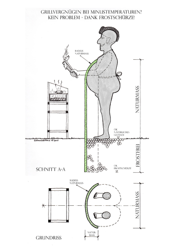 Cartoon: frostschürze (medium) by schmidibus tagged nakedchef,koch,minustemperaturen,frostschürze,grillen