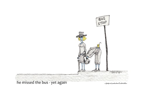 Cartoon: he missed the bus (medium) by schmidibus tagged busstop,man,woman,bag,curiosity,kills