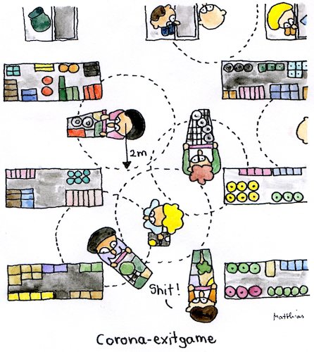 Cartoon: Corona-exitgame (medium) by Matthias Schlechta tagged corona,virus,distance,corona,virus,distance