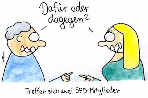 Cartoon: Dafür oder dagegen (medium) by Matthias Schlechta tagged groko,verhandlungen,sondierung,ergebnisse,nachbesserung,spd,schulz,parteibasis,landesverband,groko,verhandlungen,sondierung,ergebnisse,nachbesserung,spd,schulz,parteibasis,landesverband