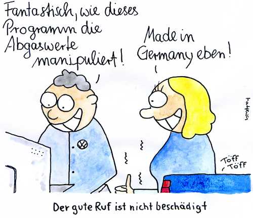 Cartoon: Der gute Ruf (medium) by Matthias Schlechta tagged volkswagen,vw,abgase,auto,schadstoffe,diesel,abgaswerte,abgaswertemanipulation,made,in,germany,guter,ruf,image,automobilindustrie,kraftfahrzeughersteller,deutschland