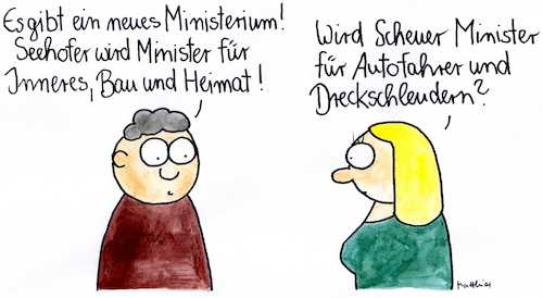 Cartoon: Neues Ministerium (medium) by Matthias Schlechta tagged csu,seehofer,scheuer,minister,ministerium,inneres,bau,heimat,verkehr,diesel,schadstoffe,fahrverbote,plakette,csu,seehofer,scheuer,minister,ministerium,inneres,bau,heimat,verkehr,diesel,schadstoffe,fahrverbote,plakette