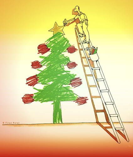 Cartoon: Merry Xmas (medium) by firuzkutal tagged 2014,peace,xmas,noelle,noel,tree,painter,cartoonist,year