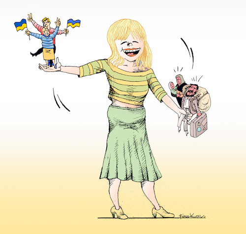Cartoon: Millions of Ukrainian refugees (medium) by firuzkutal tagged refugee,separate,ukranian,putinwar,saynotowar,endwar,eu,refugee,separate,ukranian,putinwar,saynotowar,endwar,eu