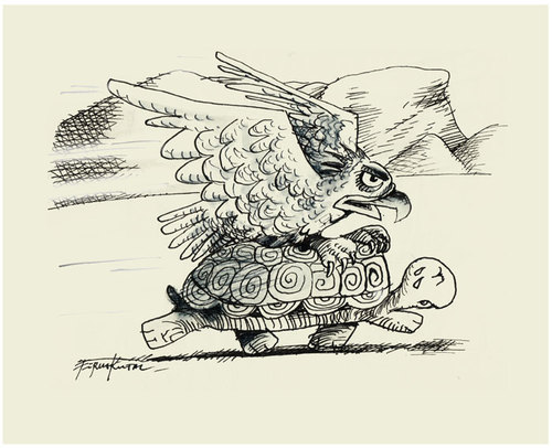 Cartoon: Speed.help (medium) by firuzkutal tagged speed,eagle,turtle,help,race,run,running,power,slowness,slow,hast