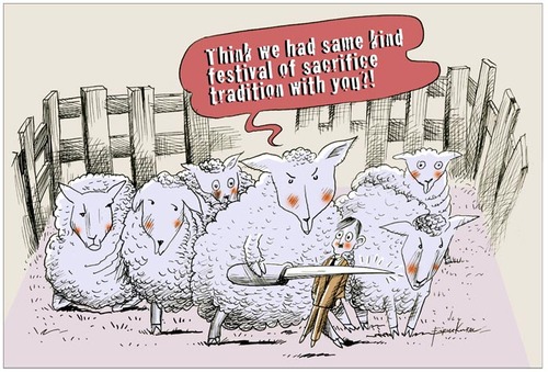 Cartoon: Think_we_had_same_tradition_too! (medium) by firuzkutal tagged sheep,sacrifice,beief,quran,human,cut,killing,meet,kuran,holy,animal,fest,fiest,party,firuzkutal,protest