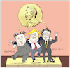 Cartoon: Nobel Peace Prize Candidates? (small) by firuzkutal tagged nobel,peace,prize,kim,jong,hu,donald,trump,usa,south,north,korea,moon,jae,in,negotiations,talk,committe,2018,nobelpreis