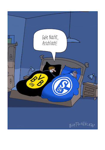 Cartoon: Ehepaar Fußballbettdecken (medium) by Butschkow tagged fußball,schalke,dortmund,ehebett,fußball,schalke,dortmund,ehebett