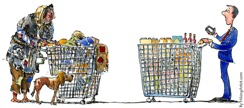 Cartoon: Homeless meets shopper (medium) by Frits Ahlefeldt tagged homeless,world,family,shopping,shopper,consumer,social,responsibility,dog,man,businessman,rich,poor,shoppingwagon,frits,ahlefeldt,hikingartistcom