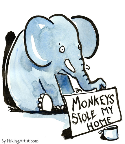 Cartoon: Monkeys stole its home (medium) by Frits Ahlefeldt tagged animal,elephant,beggar,refugee,home,runaway
