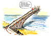 Cartoon: Second thoughts on the bridge (small) by Frits Ahlefeldt tagged bridge conflict planning plan idea concept managing risk boat water sea team