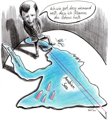 Cartoon: Nicht ein Tropfen Öl (medium) by Parallelallee tagged ahmadinedschad,iran,usa,öl,blockade,straße,von,hormus,sanktionen