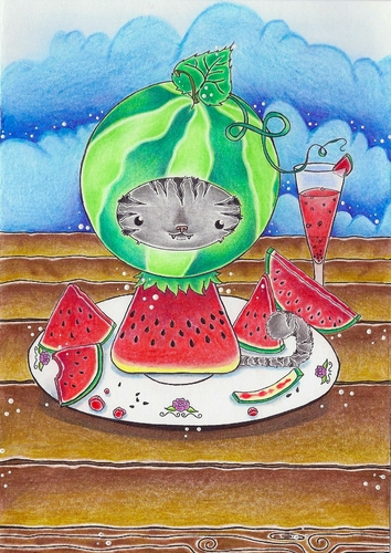 Cartoon: Kitty or Melon Commission (medium) by Metalbride tagged cat,katze,kater,melone,melon