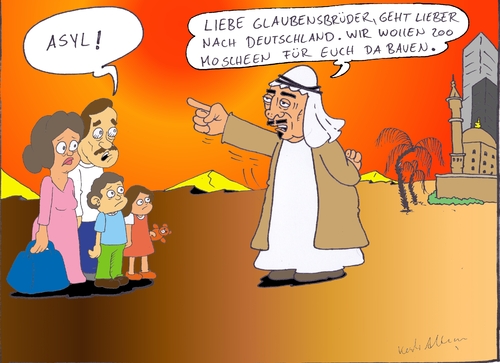 Cartoon: Flüchtlingskrise (medium) by kader altunova tagged flüchtlingskrise,asyl,golfstaaten,saudi,arabie,schiiten