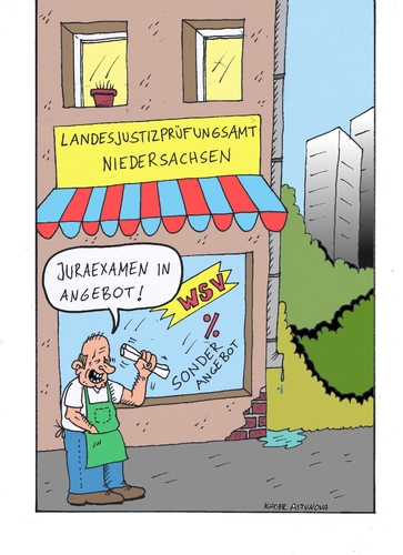 Cartoon: Jura-Examen (medium) by kader altunova tagged jura,examen,niedersachsen,plagiats,affären