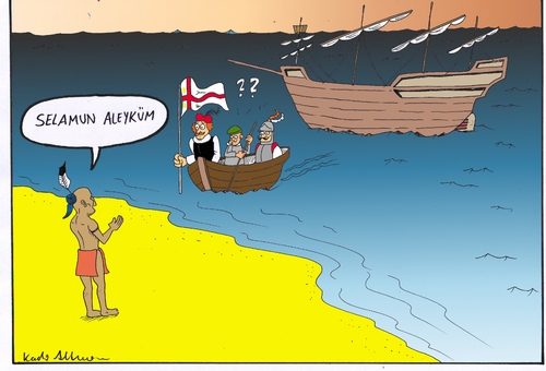 Cartoon: Muslime haben Amerika entdeckt (medium) by kader altunova tagged muslime,amerika,entdeckt,columbus,meer