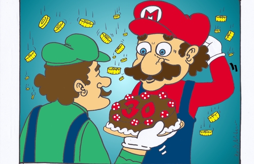 Cartoon: Super Mario feiert Geburtstag. (medium) by kader altunova tagged nintendo,mario,latzhose,geburtstag
