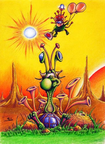 Cartoon: Krokanteier in Space (medium) by Jupp tagged space,illustration,alien,sun,sunset,pain