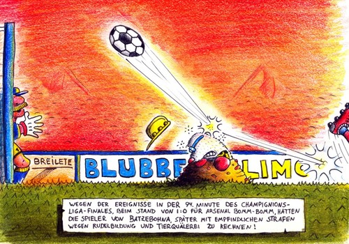 Cartoon: Maulwurf_Finale (medium) by Jupp tagged ende,bundesliga,illustration,prügel,liga,time,wrong,schlägerei,abpfiff,endspiel,spiel,schiedsrichter,schiri,nachspielzeit,vorbei,latte,spieler,tierquälerei,rudelbildung,hügel,platz,spielfeld,torwart,jupp,bomm,tor,ball,finale,soccer,fussball,mole,maulwurf