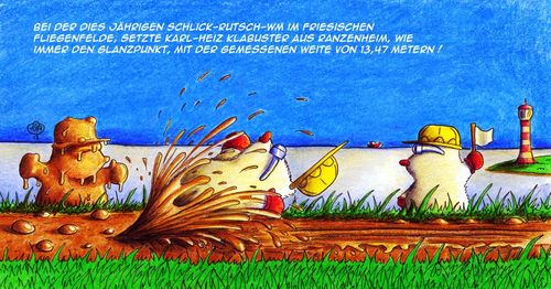 Cartoon: Maulwurf Schlickrutschen (medium) by Jupp tagged cartoon,championship,friesisch,friesland,schlick,schlamm,strand,meer,bomm,jupp,meisterschaft,mole,maulwurf,comic,deich,sport,lustig