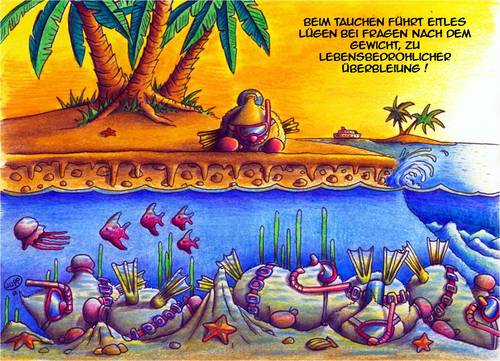 Cartoon: Maulwurf Tauchen (medium) by Jupp tagged spass,xgames,palme,auftrieb,sinken,illustration,cartoon,bild,bilder,bomm,jupp,ocean,meer,sea,sports,sport,diving,tauchen,mole,maulwurf,lüge,gewicht,abtauchen,splash,fisch,fish,karibik,urlaub,ferien,strand,palmen,sonne