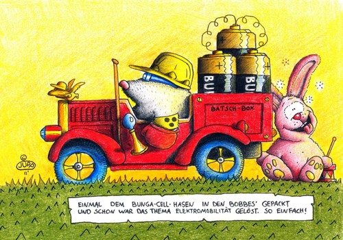 Cartoon: Maulwurf und Bunga-Cell Hase (medium) by Jupp tagged idee,mobilität,strom,umweltfreundlich,ökologie,grün,politik,umwelt,energiewende,elektrisch,electric,elektromotor,auto,jupp,brille,blind,batterien,battery,car,bomm,rabbit,hase,mole,maulwurf,erfindung,hügel,tunnel,gang,graben,bau,garten,wiese