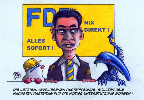 Cartoon: Rösler (medium) by Jupp tagged diskussion,rede,brüderle,gelb,vorstand,wahl,minister,macht,idee,witz,cartoon,illustration,neuwahl,parteitag,boom,bomm,jupp,mole,liberale,liberal,alien,maulwurf,politik,fdp,rösler,genscher,koalition,cdu,kubicki,westerwelle,guido,angst,verzweifelt,prozent