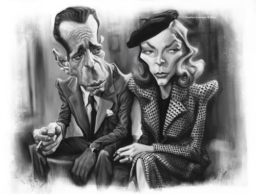 Cartoon: BOGIE AND BACALL (medium) by slwalkes tagged actor,actress,humphrey,bogart,lauren,bacall,stephen,lorenzo,walkes,digital,painting