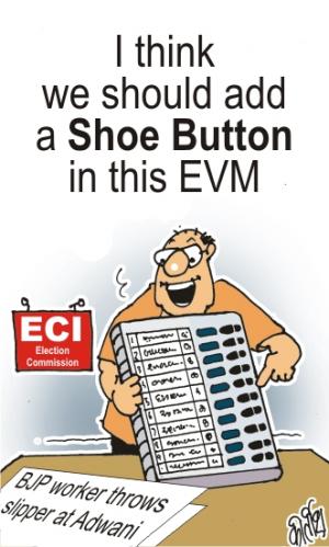Cartoon: Extra Shoe Button on Voting Mach (medium) by bamulahija tagged adwani,bjp,congress,current,affairs,election,cartoon,political,politician,politics,shoe,throwing,sonia,gandhi