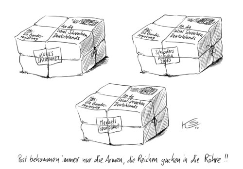 Cartoon: 3 Pakete (medium) by Stuttmann tagged kohl,schröder,merkel,sparpaket,agenda,sozial,schwache,hermut kohl,angela merkel,sparpaket,agenda,sozial,schwache,hermut,kohl,angela,merkel