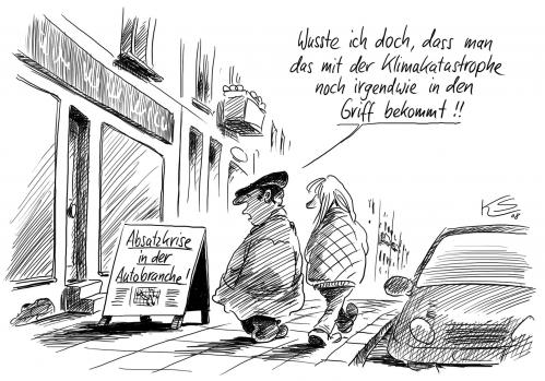 Cartoon: Absatzkrise (medium) by Stuttmann tagged autoindustrie,absatzkrise,wirtschaftskrise,rezession,verkaufszahlen,konjunktur,schlüsselindustrie,abschwung,klimawandel,globale,erwärmung,co2,climate,change,absatzkrise,wirtschaftskrise,wirtschaft,autoindustrie,autos,auto,rezession,verkaufszahlen,konjunktur,schlüsselindustrie,abschwung,klimawandel,globale erwärmung,co2,klima,umwelt,umweltschutz,umweltzerstörung,ozonloch,abgase,katastrophe,klimakatastrophe,globale,erwärmung