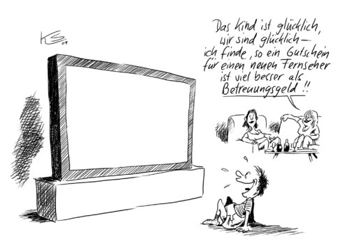 Cartoon: Gutschein (medium) by Stuttmann tagged betreuungsgeld,eltern,kinder,familien,gutscheine,betreuungsgeld,eltern,kinder,familien,gutscheine,familie,finanzen,fernseher,erziehung