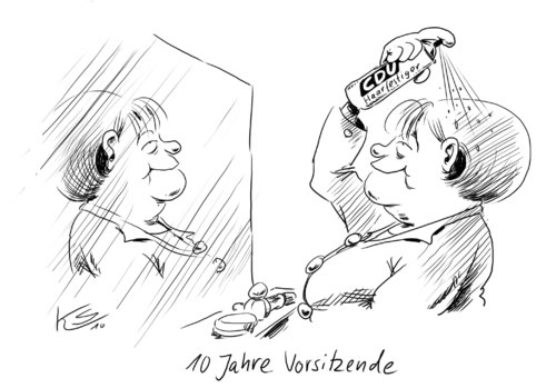 Cartoon: Haarfestiger (medium) by Stuttmann tagged merkel,cdu,parteivorsitz,jubiläum,10,jahre,angela merkel,cdu,jubiläum,jahre,angela,merkel