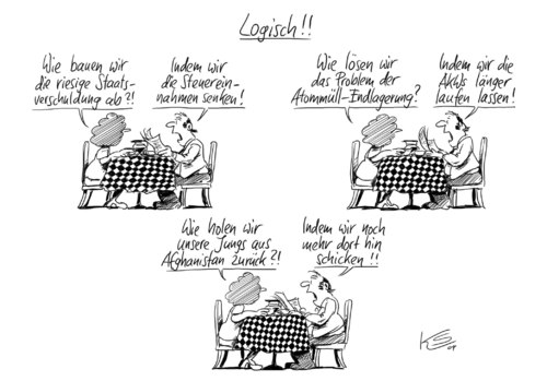 Cartoon: Logisch (medium) by Stuttmann tagged staatsverschuldung,steuern,atommüll,afghanistan,staatsverschuldung,atommüll,afghanistan,steuern,steuer,schulden,finanzen,endlager,müll,logik