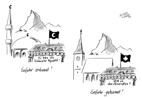 Cartoon: Minarette (medium) by Stuttmann tagged schweiz,volksabstimmung,minarettverbot,islam,zuwanderung,schweiz,volksabstimmung,minarettverbot,islam,zuwanderung,bürger,abstimmung,gefahr