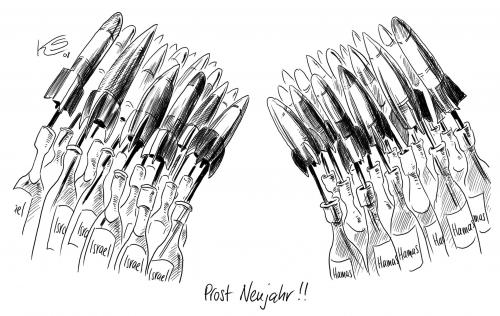 Cartoon: Prost Neujahr! (medium) by Stuttmann tagged nahost,hamas,israel,gaza,palästina,neujahr,silvester,2009,nahost,hamas,israel,gaza,palästina,neujahr,silvester,2009,militär,waffen,raketen,rakete,böller,krieg,gewalt,soldaten,angriff,prost