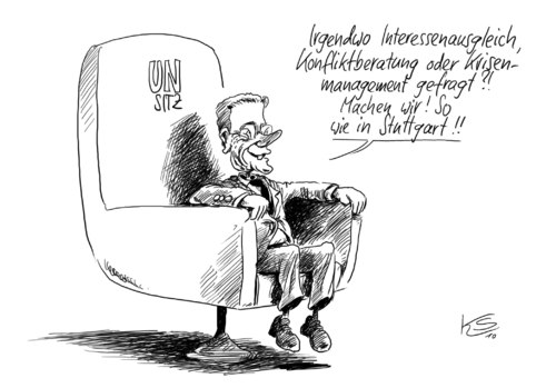 Cartoon: UN-Sitz (medium) by Stuttmann tagged westerwelle,un,stuttgart,21,guido westerwelle,un,stuttgart 21,bahnprojekt,bahn,guido,westerwelle,stuttgart,21