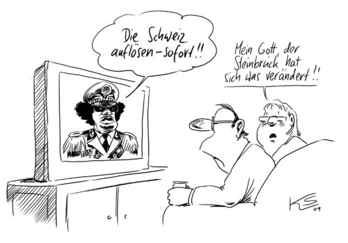 Cartoon: Verändert... (medium) by Stuttmann tagged gaddafi,schweiz,steinbrück,muammar al gaddafi,libyen,schweiz,peer steinbrück,muammar,al,gaddafi,peer,steinbrück,dschihad