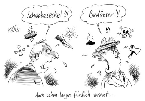 Cartoon: Vereint (medium) by Stuttmann tagged mauerfall,ddr,wiedervereinigung,badenser,schwaben,mauerfall,ddr,wiedervereinigung,badänser,schwaben,berlin,mauer,ost,west