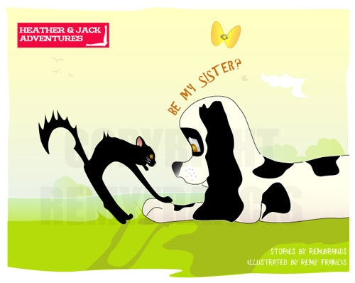 Cartoon: Childrens Book Illustration (medium) by remyfrancis tagged friends,pals,buddies,sibblings,animals,pets,cat,dog,puppy,cocker,spaniel,story,book,childrens,illustration