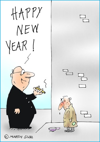 Cartoon: happy new yaer neues jahr arm re (medium) by martin guhl tagged happy,new,yaer,neues,jahr,arm,reich,helfen,egoist,cartoon,karikatur,bettler,geben