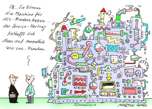 Cartoon: maschine service vertrag preis s (medium) by martin guhl tagged maschine,service,vertrag,preis,schnäppchen,garantie