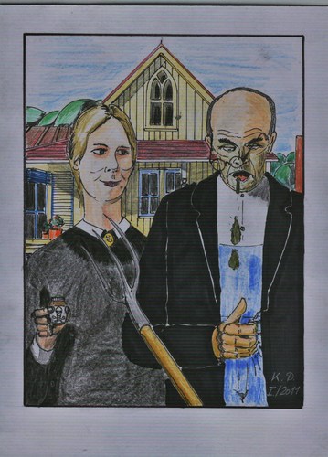 Cartoon: American gothic fake (medium) by tobelix tagged tobelix,anger,streit,peaceful,friedlich,1930,wood,grant,fake,gothic,american