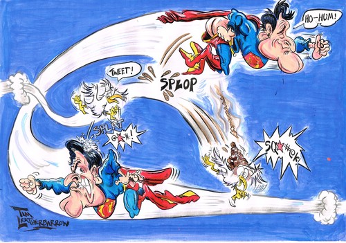 Cartoon: AIR  POO-LLUTION (medium) by Tim Leatherbarrow tagged air,pollution,birds,dung,super,heroes,sky