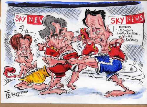 Cartoon: POLICIES WIN ELECTIONS (medium) by Tim Leatherbarrow tagged general,election,debate,cagefight,policies