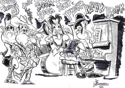 Cartoon: THE JAZZ BAND (medium) by Tim Leatherbarrow tagged jazz,jazzband,groove,music,timleatherbarrow