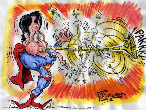 Cartoon: THE MAN OF STEEL PLAYS BRASS (medium) by Tim Leatherbarrow tagged superman,superhero,superheroes,trumpet,brass,band,music,blowing,tim,leatherbarrow